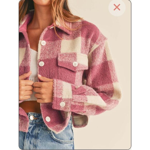 Mable Micah Brushed Fuzzy Textured Pink Plaid Crop Button Down Jacket size Small - Picture 9 of 11